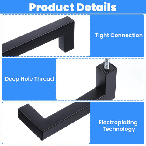 Close-up of matte black cabinet pulls showing tight connection, deep hole thread, and electroplating technology details.