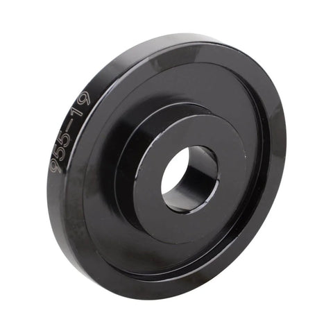 Black metal adapter from the 24 Piece Front Wheel Drive Bearing Removal Tool And Press Kit With Pro Grade Adapters And Bearing Installer.