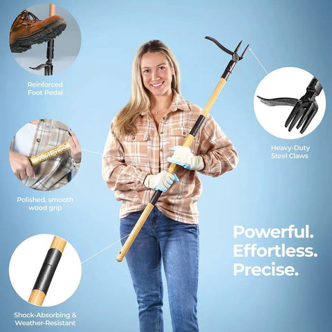 Woman holding Stand Up Weed Puller Tool With Long Handle And Foot Platform Heavy Duty 4 Claw Steel Head Weeder Bamboo Garden Tool