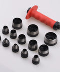 Pro Grade Leather Punch Set With 13 Hollow Punch Heads for clean holes and gaskets, includes pinpoint punch shaft and durable ABS case.