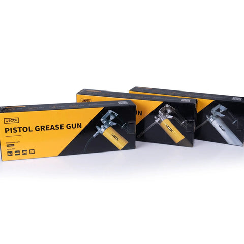 UTOOL pistol grease gun kit boxes, yellow and black packaging, three boxes displayed