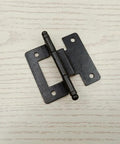 Cabinet hinge, black metal, two-leaf design with mounting holes.
