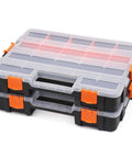 Interlocking Tool Box Organizer Set for Fasteners, Hardware, and Crafts, Heavy Duty Plastic, Black and Orange Lids, 2 Piece Pack
