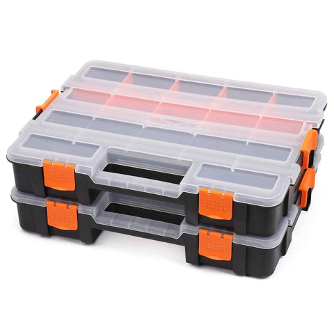 Interlocking Tool Box Organizer Set for Fasteners, Hardware, and Crafts, Heavy Duty Plastic, Black and Orange Lids, 2 Piece Pack
