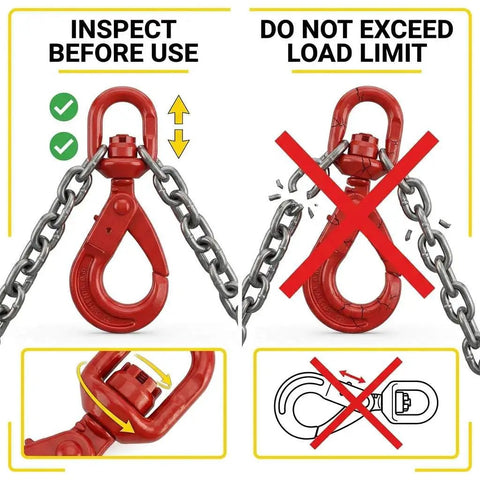 Grade 80 Forged Swivel Self Locking Hook For Three Eighths Inch Chain, 7100 Lb Working Load Limit, Heavy Duty Hoisting Rigging Connector For Lifting And Hoists. Safety instruction graphic