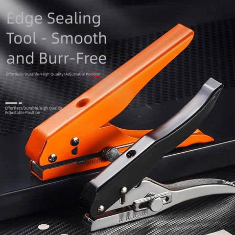 Edge sealing tool, orange and black, featuring an adjustable position for smooth, burr-free sealing on various materials.
