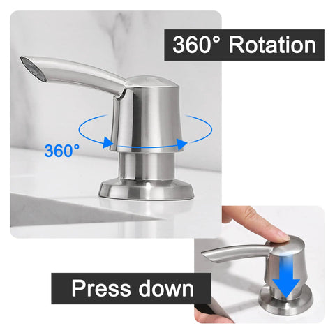360° rotation and press down function of Under Sink Soap Dispenser For Kitchen Sink With 40 Inch Extension Tube Kit Built In Pump 360 Degree Rotation No More Refills Connects Directly To Large Bottles Fits Single Or Double Sinks Brushed Nickel Finish
