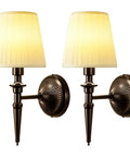 NICOLONOR Battery Operated Wall Sconces Set of 2, Wireless Wall Lights with 12 RGB Colors and 3CCT Dimmable, Small Fabric LED Wall Lamps for Bedroom, Living Room, Hallway, Bronze, showing two bronze sconces with pleated shades.