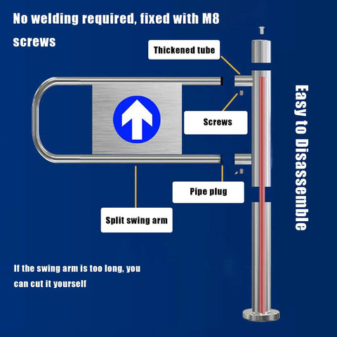 Universal One Way Swing Entrance Safety Gate For Retail Spots Built Tough With Smooth Steel Hinges Zero Fuss Install Fits Like A Glove In Cramped Hallways Measures 90 By 97 Cm Left Side with detailed components.