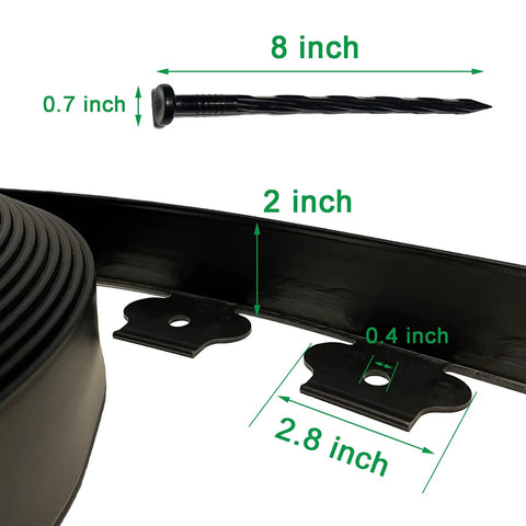 Black Landscape Edging Kit 20 Ft With 20 Spikes 2 Inch Tall Plastic Garden Border close-up dimensions view