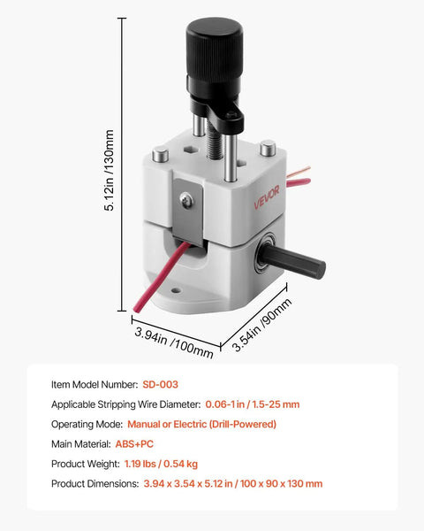 Manual Wire Stripping Machine For Scrap Copper, Portable Copper Stripper With Hand Crank Or Drill Power shown with dimensions