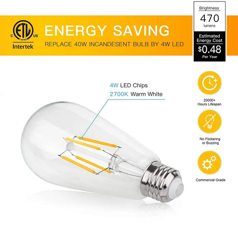 Dimmable Vintage Edison LED Bulb Pack Of 6 With Warm White 2700K Glow E26 Base 400 Lumens 40W Equivalent Antique Filament Look Transparent Glass Long Lifespan