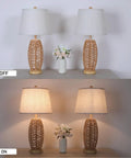 Image showing two wicker table lamps in on and off state, with a small vase in between on a tabletop.