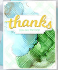 Handmade card with watercolor background and die cut 'thanks' sentiment, made using 7 Piece Rectangle Frame Die Cut Set