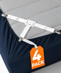 Adjustable Elastic Bed Sheet Holders With Strong Metal Clips Keeps Sheets From Slipping And Popping Off, shown on navy mattress
