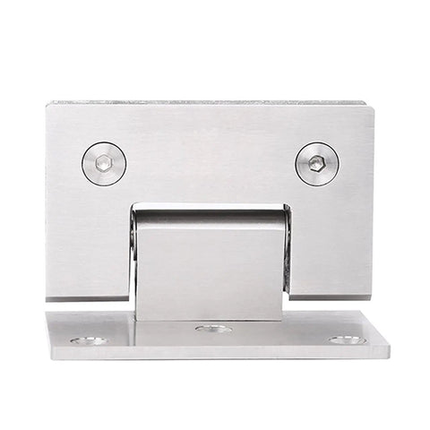 Pair Of Premium 304 Stainless Steel Shower Door Hinges Built Damn Tough For Frameless Glass Doors Featuring A Slick Brushed Finish And Dead Solid 90 Degree Swinging Motion, front view.