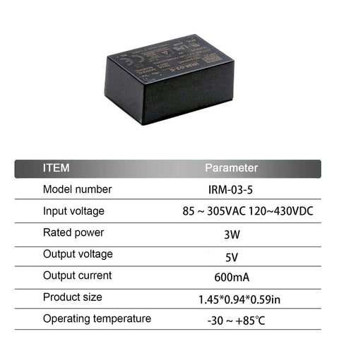 Top Tier 3W Ac Dc Pcb Mount Power Supply Delivering Clean 5V Feed With Wide 85 To 305Vac Input Spread Designed For Cramped Boards And Hassle Free Everyday Tech Assemblies, compact black casing, dimensions 1.45x0.94x0.59 inches
