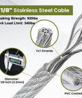 Heavy Duty 1/8 Inch Vinyl Coated Stainless Steel Wire Rope Kit showing cable diameter and 7x7 strand detail