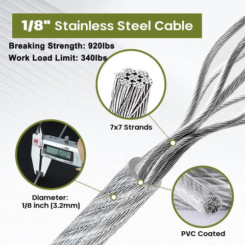 Heavy Duty 1/8 Inch Vinyl Coated Stainless Steel Wire Rope Kit showing cable diameter and 7x7 strand detail