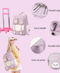 Cat Print Rolling Backpack For Girls And Kids With Wheels Trolley Roller Bookbag School Bag Wheeled Bag In Pink, showing features like zippers and handle.