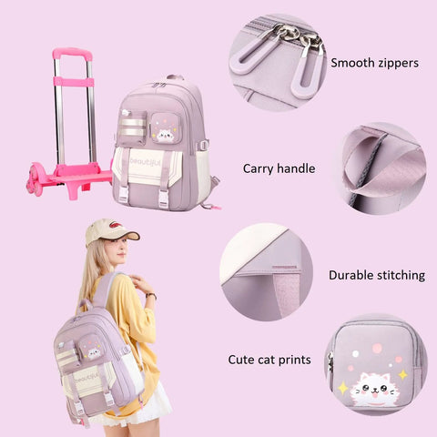 Cat Print Rolling Backpack For Girls And Kids With Wheels Trolley Roller Bookbag School Bag Wheeled Bag In Pink, showing features like zippers and handle.