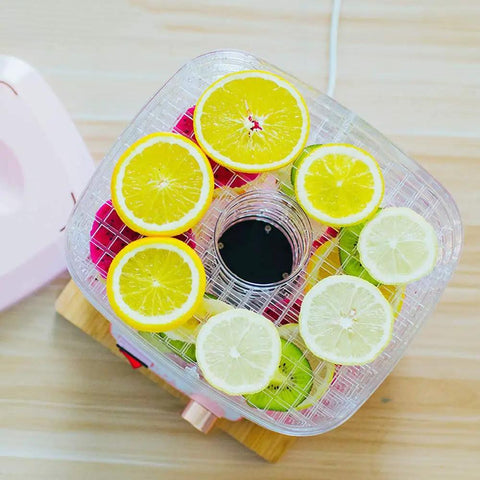 Five Layer Electric Food Dehydrator With Adjustable Shelves For Home Fruit Vegetable And Meat Jerky Drying Countertop Appliance with lemon and lime slices