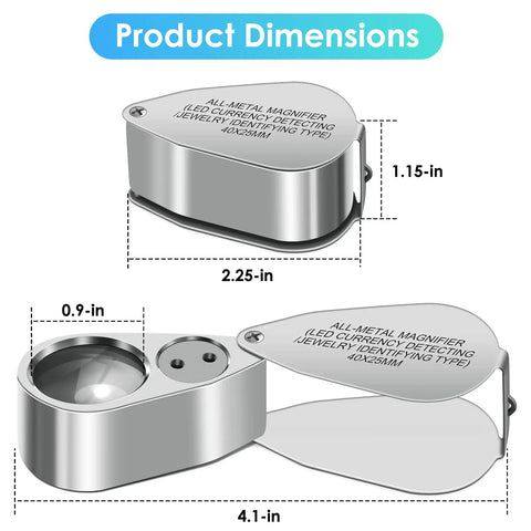 40X Jewelers Loupe Magnifier Pro Grade With LED And UV Illumination, metal foldable design with dimensions shown.
