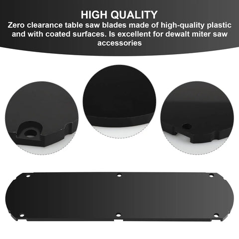 Zero Clearance Insert For 10 Inch And 12 Inch Compound Miter Saws Universal Throat Plate With Tear Out Reduction And Precision Cutting Replaces Factory Plate On DW703 DW704 DW705 DW706 DW713 DW715 DW716, black plastic with screw holes, close-up and full view.