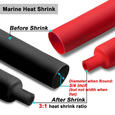 Two Pack Three Quarter Inch Dual Wall Adhesive Heat Shrink Tubing Kit Three To One For Auto And Appliance Wiring Harness Protection Four Feet Long Black And Red Solder Joint Protectors And Cable Grouping Wrap showing before and after shrink sizes.