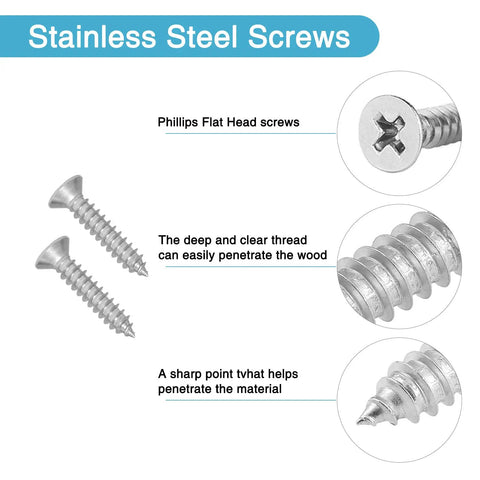 Close-up of Phillips flat head stainless steel screws with deep thread and sharp point, part of 8 Pack L Shaped Corner Brackets Stainless Steel 3.23 X 3.23 Inch 90 Degree Right Angle Mending Plates With 40 Screws Includes 5 Holes Per Bracket For Wood Repair.