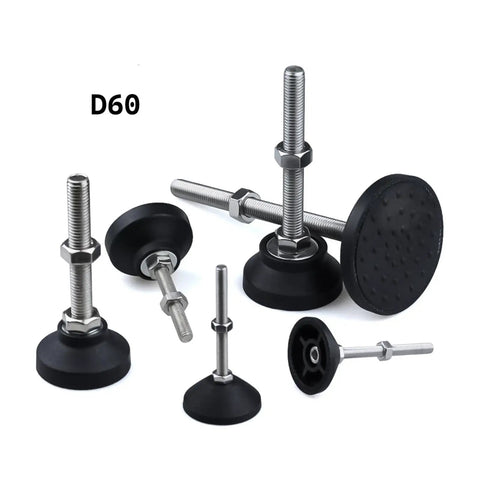 Heavy Duty Adjustable Leveling Feet With Swivel Bases And Universal M8 M10 M12 Threads For Furniture And Lathes offering a black nylon top and metal screw.