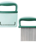 Two-piece crinkle cutter with protective case; green handle, mint body, stainless steel blades.