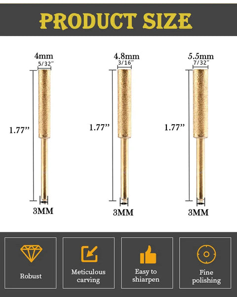 Dimensions and sizes of diamond burr stones from Diamond Chainsaw Sharpener Kit 21 Piece Set With One Eighth Inch Shank.