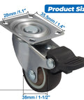 Close-up of Set Of Four 1-1/2 Inch Low Profile Swivel Casters With Locking Brakes Quiet TPR Rubber Wheels dimensions shown in millimeters.