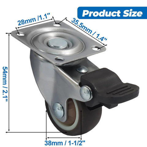 Close-up of Set Of Four 1-1/2 Inch Low Profile Swivel Casters With Locking Brakes Quiet TPR Rubber Wheels dimensions shown in millimeters.