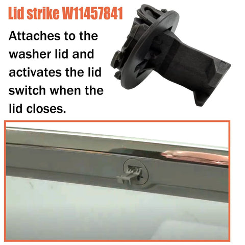 Washer lid lock latch, black plastic, W11457841; top close-up of part, bottom installed on washer lid.