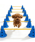 Dog Agility Cone Set With 12 Inch Hurdle Cones, Backyard Obstacle Course Kit in use, dog jumping over adjustable crossbars