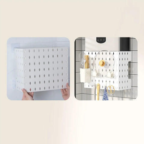 Slick Wall Mounted Pegboard Organizer With Hassle Free Punch Free Design And Legit Abs Durability For Garage Shop And Home Gas Water Heater Pipe Cover, showcasing tool storage and accessories.
