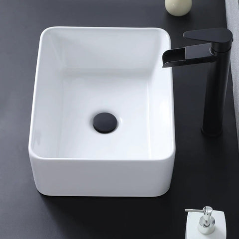 Vessel Sink 22 x 15 Inch White Ceramic Above-Counter Bathroom Sink, Rectangular Vessel Wash Basin for Vanity, top view on black counter