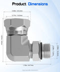 Heavy Duty 3/8 Inch Male SAE ORB to 1/2 Inch Female NPSM Swivel 90 Degree Hydraulic Elbow Adapter for High Pressure Hose Fittings, swivel elbow with dimensions