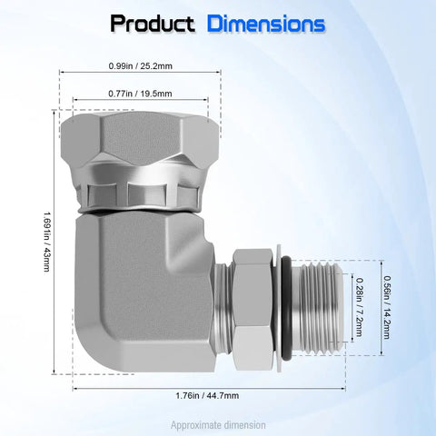 Heavy Duty 3/8 Inch Male SAE ORB to 1/2 Inch Female NPSM Swivel 90 Degree Hydraulic Elbow Adapter for High Pressure Hose Fittings, swivel elbow with dimensions
