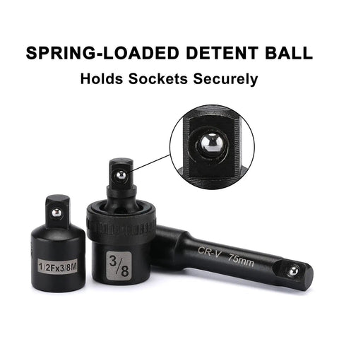 Spring-loaded detent ball of Beefy Heavy Duty 49 Piece Three Eighths Inch Drive Impact Socket Set With Deep And Shallow Sockets.