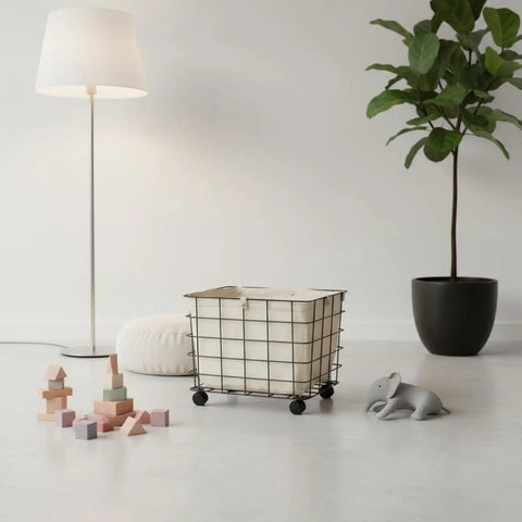 Heavy Duty Rolling Storage Basket For Toys, Smooth Swivel Caster Wheels Organizer with beige canvas liner, in a modern playroom.