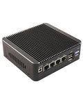 Top Shelf Micro Firewall Appliance Mini Pc With Pentium Gold 6405u Processor And Four 2.5Gbe Lan Ports showing ports and ribbed design.