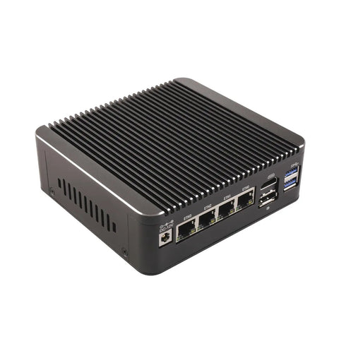Top Shelf Micro Firewall Appliance Mini Pc With Pentium Gold 6405u Processor And Four 2.5Gbe Lan Ports showing ports and ribbed design.
