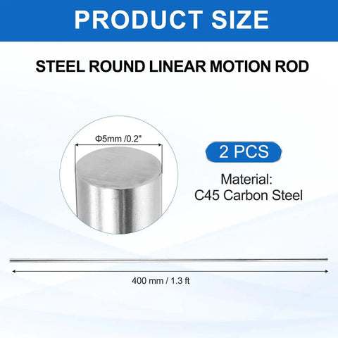 2 Pcs Linear Motion Rods 5mm OD 400mm Length Steel Shaft Guides For CNC Machines And 3D Printers, silver C45 steel