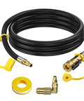 7 Foot RV Propane Hose With Quick Connect And 1 Quarter Inch Safety Shutoff Valve Plus 1 Quarter Inch Male Full Flow Plug Low Pressure Quick Disconnect Elbow Adapter For 17 And 22 Inch Blackstone Griddles Grill Ready Outdoor Setup displayed with yellow safety caps.