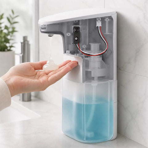 Two Pack IR Break Beam Sensor Kit With 5mm LEDs, Photoelectric Through Beam Switch, DIY Counting Module, 33cm Cable Length, 25cm To 100cm Sensing Range, Fast Response NPN Normally Open Output For DIY Automation installed in a soap dispenser