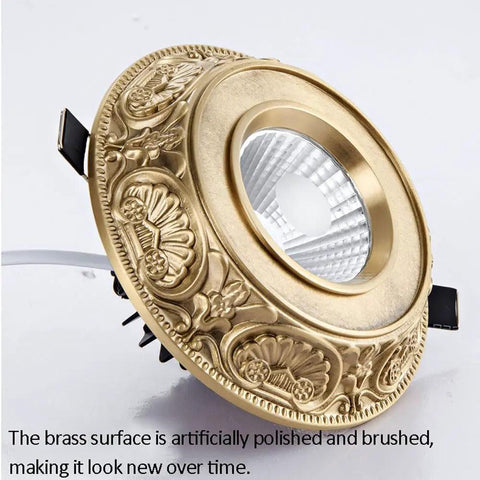 Ten Pack Brushed Brass Led Downlights Featuring Dimmable Eyeball Retrofit Spotlights with ornate design and polished finish.