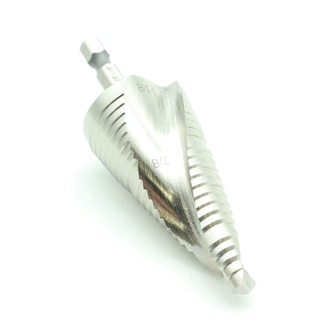 Cobalt Step Drill Bit Set M35 Seven Eighths Inch And One And One Eighth Inch Holes One Quarter Inch Hex Shank Double Spiral Flutes